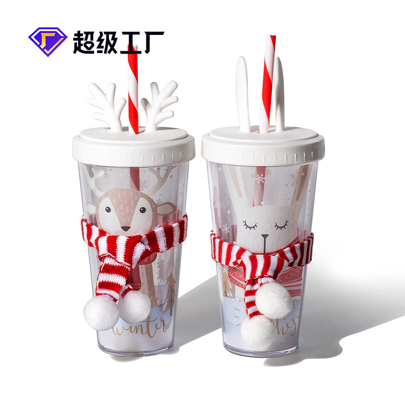 Cross-Border Christmas Cup Gift Water Cup Cute Antlers Design Double-Layer Straw Cup with Scarf Decorative Gift Wholesale