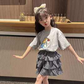 夏季女童蛋糕裙2025韩系小女孩卡通印花T恤时髦格子A字裙两件套潮