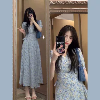 2026夏季新款法式温柔风气质长裙女小清新显瘦雪纺蓝色碎花连衣裙