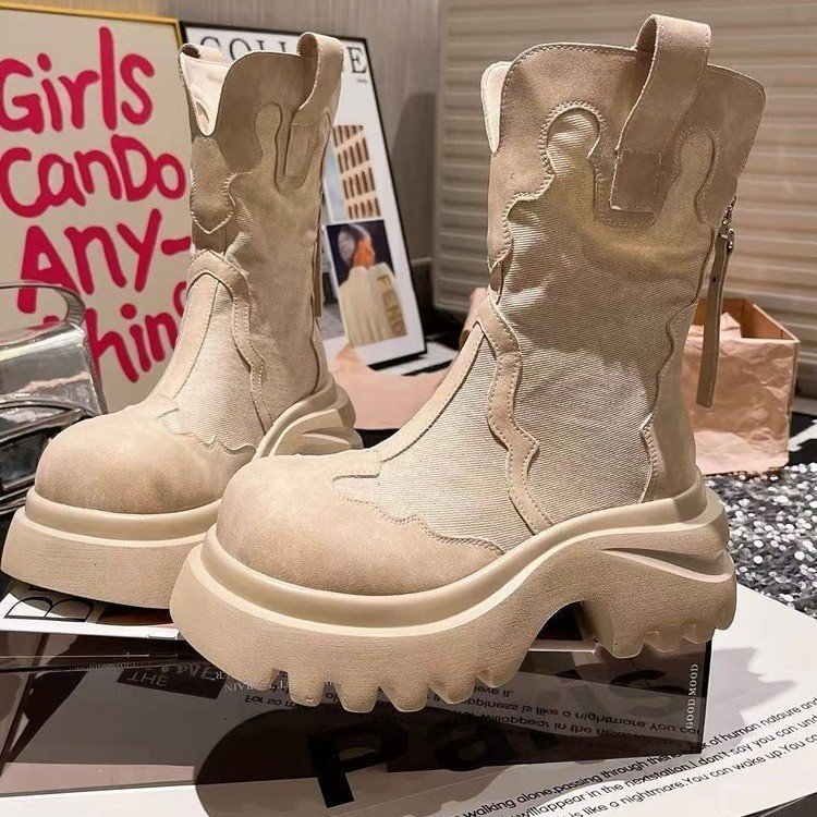 复古舒适牛仔大头厚底时装靴女2025新款小个子增高时装靴时装女款|undefined