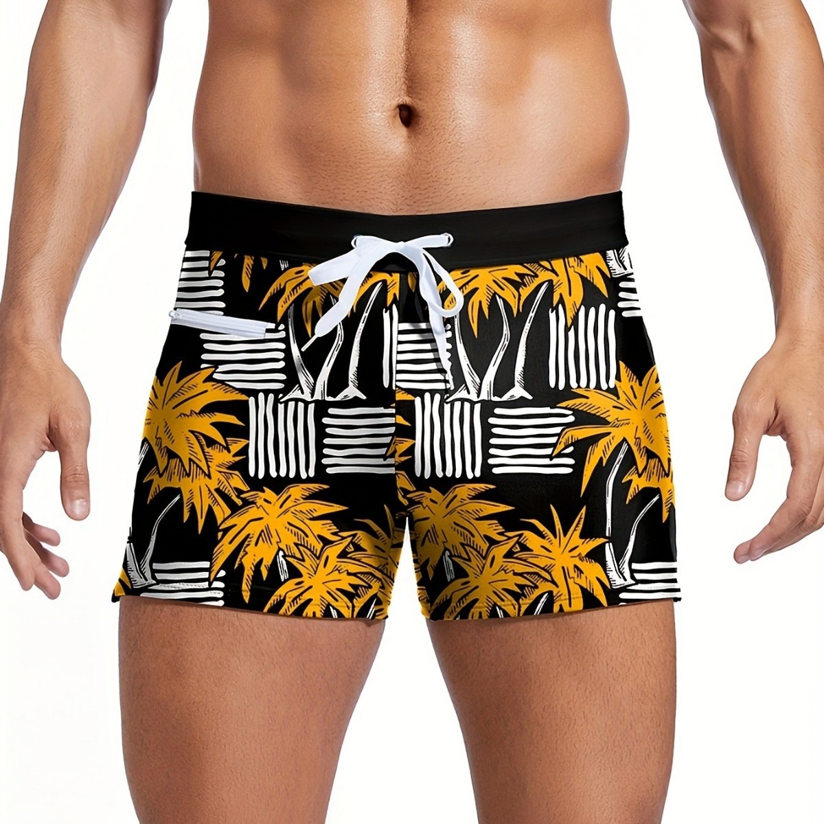 Men's Boxer Swim Trunks Striped Square Printed Simple Waterable Beach Anti-gloss Tether Zipper in stock