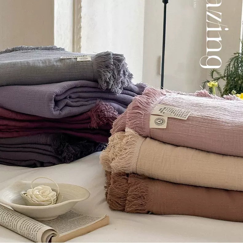 全棉四层绉绉纱盖毯毛巾被纱布沙发毯飞机午休被子流苏多功能毯