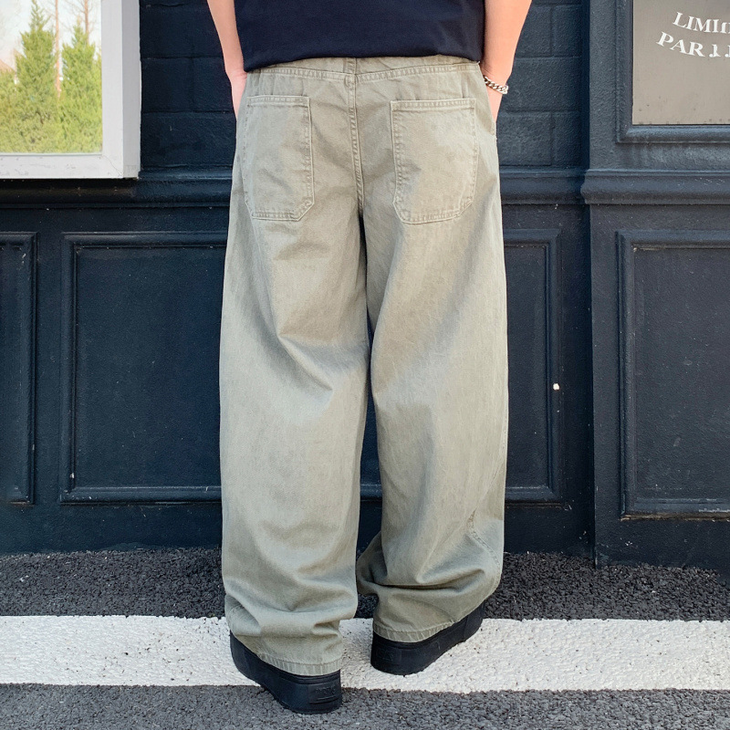American Retro High Street Light Green Curved Hem Jeans for Men, Loose Fit, Trendy Brand, Versatile Casual Long Pants