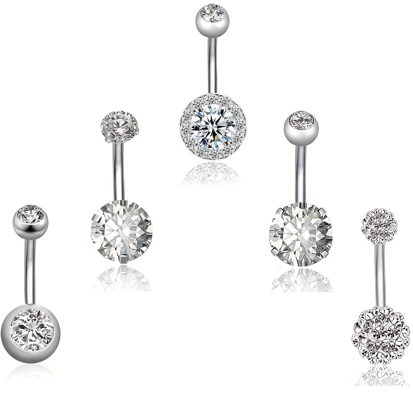 5 Pack 14G Stainless Steel Women's Belly Button Ring Belly Piercing Synthetic Zirconia Inlay