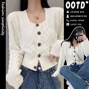 Tweed Style Style Square Neck Knitwear Women's Autumn and Winter Single-Breasted Knitwear Cardigan Thin Outwear Women's Short Top