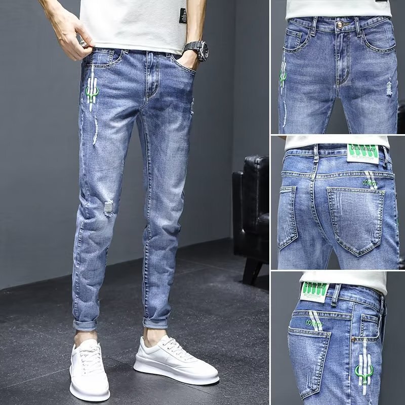 Summer Thin Stretch Jeans Men's Slim Look All-match Casual Cropped Korean Style Trendy Slim-fit Skinny Pants