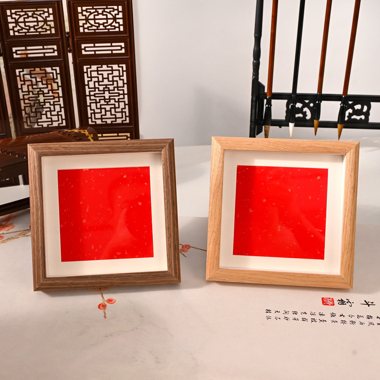 New Chinese Style DIY Square Photo Frame Calligraphy Handwritten Blank Xuan Red Paper Sprinkled Gold Cardboard Word Mini Picture Frame Table