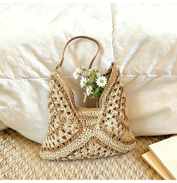 Bolsa de tela de paja de gran capacidad de color extranjero, bolsa de hombro casual de moda junto al mar, bolsa de tote simple