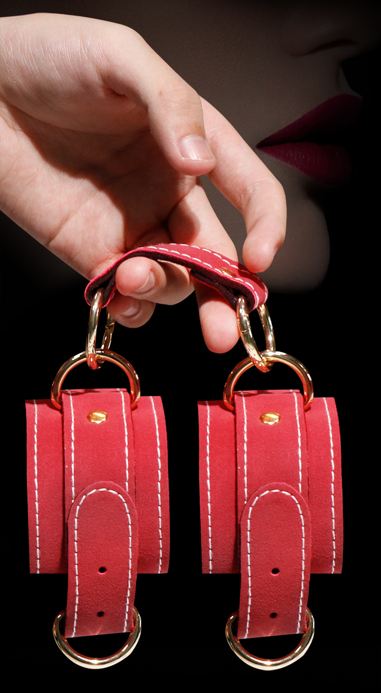 SM Bondage Set 7-Piece Faux Leather Handcuffs and Nipple Clamps in Red — detail image 25