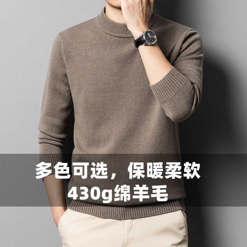 100 Wool Thickeneded Sheep Wool Men's Wool Sweater Soft and Warm Pure Color 430g Men's Casual Base Wool