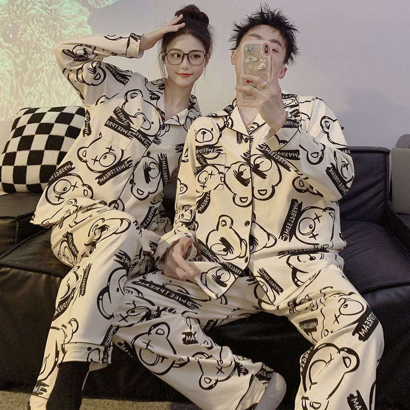 Pijamas de pareja de dragón negro primavera y otoño de manga larga de algodón puro de las mujeres 2024