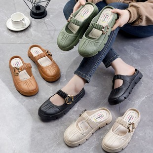 Solid color half closed toe slippers women's outdoor wear internet celebrity casual wear-resistant platform lazy sandals
