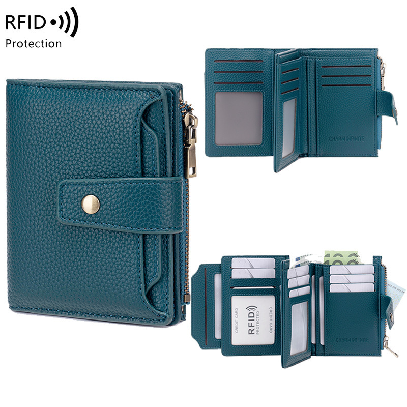 Cross-Border New Rfid Women's Wallet, Lychee Pattern Soft Leather Zipper Buckle Wallet, Multi-Card Slots, Fashionable Short Wallet Cross-Border New Rfid Women's Wallet, Lychee Pattern Soft Leather Zipper Buckle Wallet, Multi-Card Slots, Fashionable Short Wallet