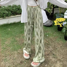 金韩扎染复古风阔腿裤女夏季薄款高腰宽松长裤印花冰丝裤子渐包邮