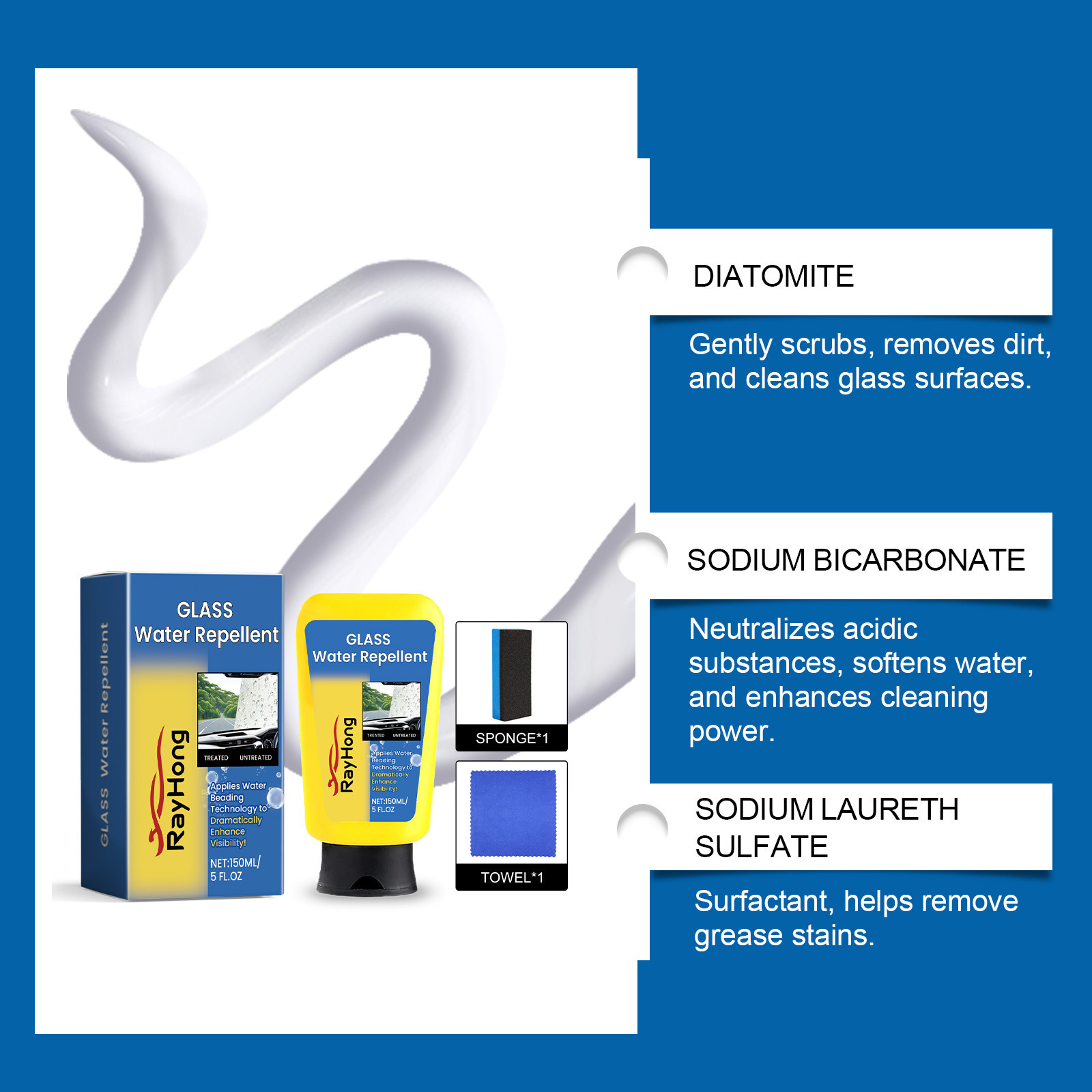 Rayhong Car Glass Oil Film Cleaner, Car Window Windshield Cleaning, Rain-Proof and Anti-Fog Car Glass Cleaner