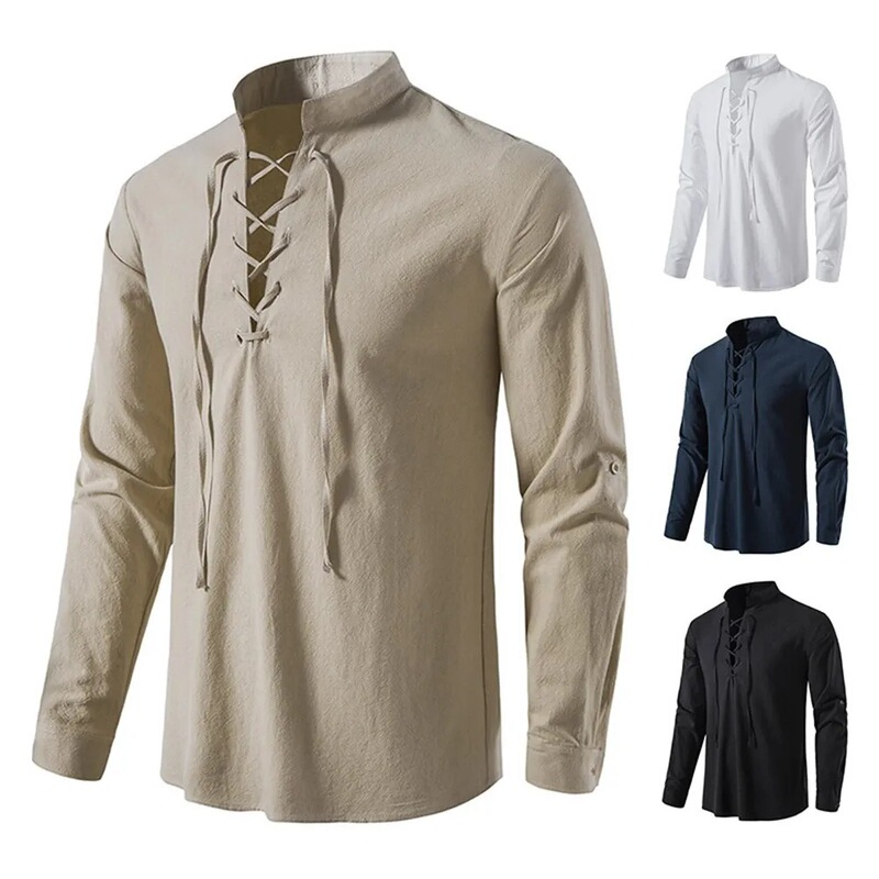 Men's Cotton Linen Shirt Casual Men's T-Shirt Long Sleeve T-Shirt Spring and Autumn Retro Shirt Us Size Cross-Border