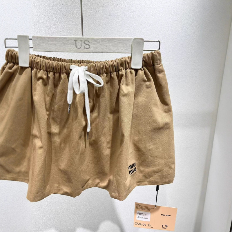 mi u 迷你抽绳篷篷短裙女少女风25夏季卡其色松紧腰叠穿单穿短裙|undefined