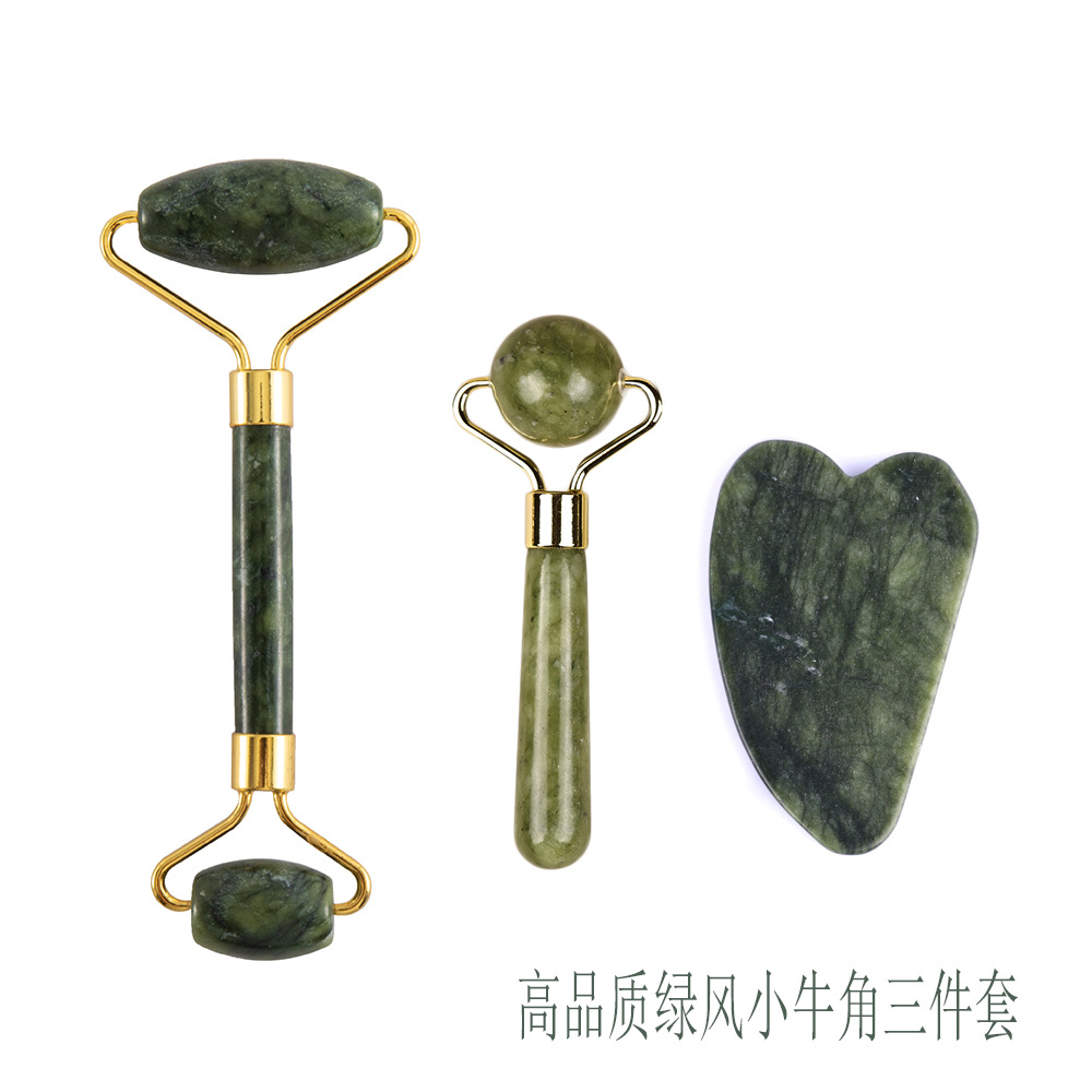 Juego de tres piezas de rodillo de jade natural y tabla de gua sha, dispositivo de belleza para masaje facial, lámina de gua sha facial, fabricante de rodillos de jade
