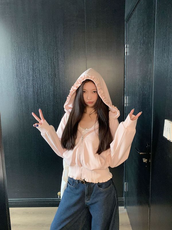 【自家工厂现货】韩系拉链连帽卫衣外套女外搭开衫木耳边长袖上衣|undefined