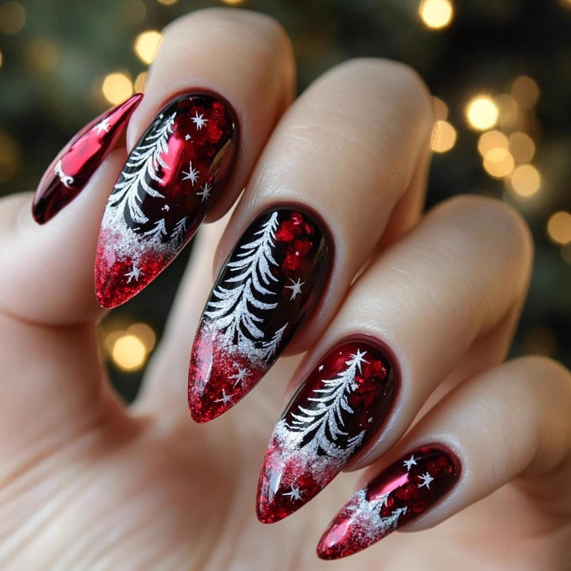 Christmas Red and Black Gradient Snowflake Christmas Tree Fake Nails Glitter Wearable Manicure Patches Nail Patches 24 Pieces