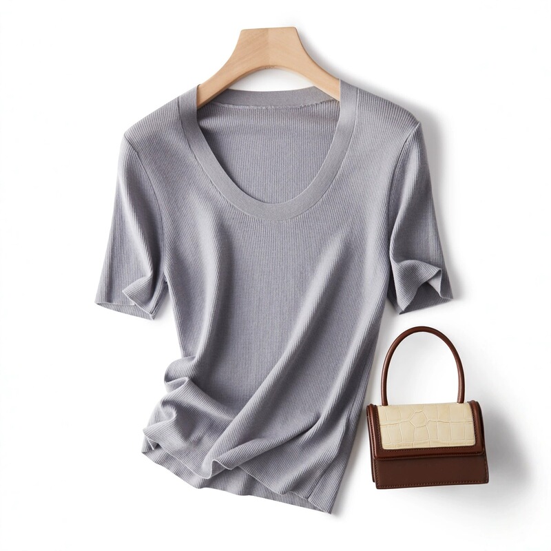Shanghai Dan Nong Flagship Store/Yangzi Ultra-fine Merino Wool U-neck Slim Fit Short Sleeve Knit Top Shanghai Dan Nong Flagship Store/Yangzi Ultra-fine Merino Wool U-neck Slim Fit Short Sleeve Knit Top