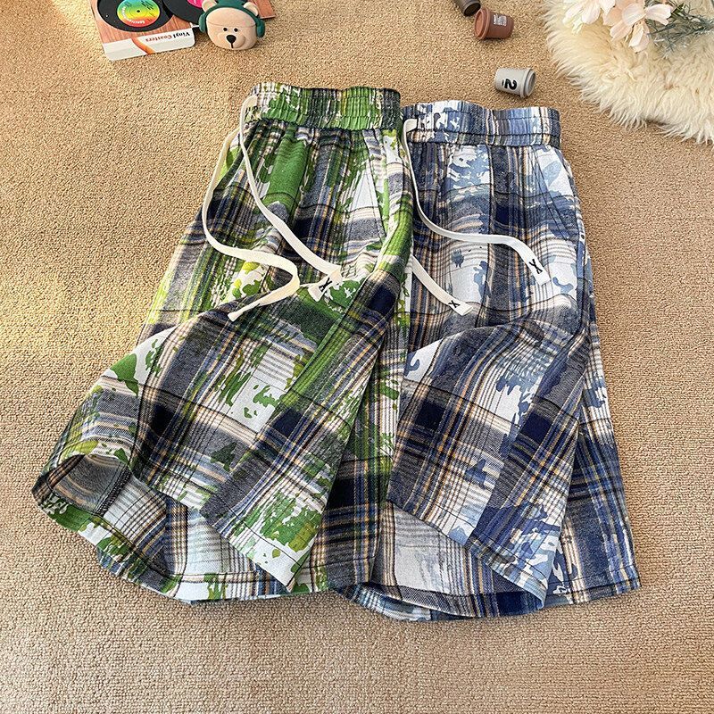 Men's And Women's Tie Dye Plaid High Waist Street Style Shorts Casual Retro Straight Five Point Beach Outerwear_viptrois.com