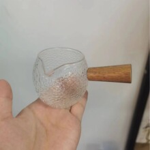 简约玻璃条纹小奶盅竖纹玻璃咖啡量杯锤纹实木木柄奶壶木把咖啡杯