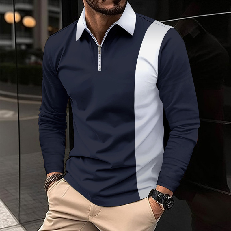 Foreign Trade Long-Sleeved Polo Shirt, Fashionable Two-Tone Splicing, Stylish Men's Collared Shirt, Long-Sleeved T-Shirt, Breathable
