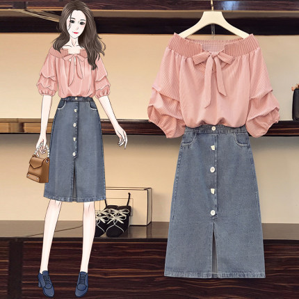 大碼女裝夏季新款胖妹妹洋氣減齡壹字領上衣顯瘦牛仔半身裙兩件套