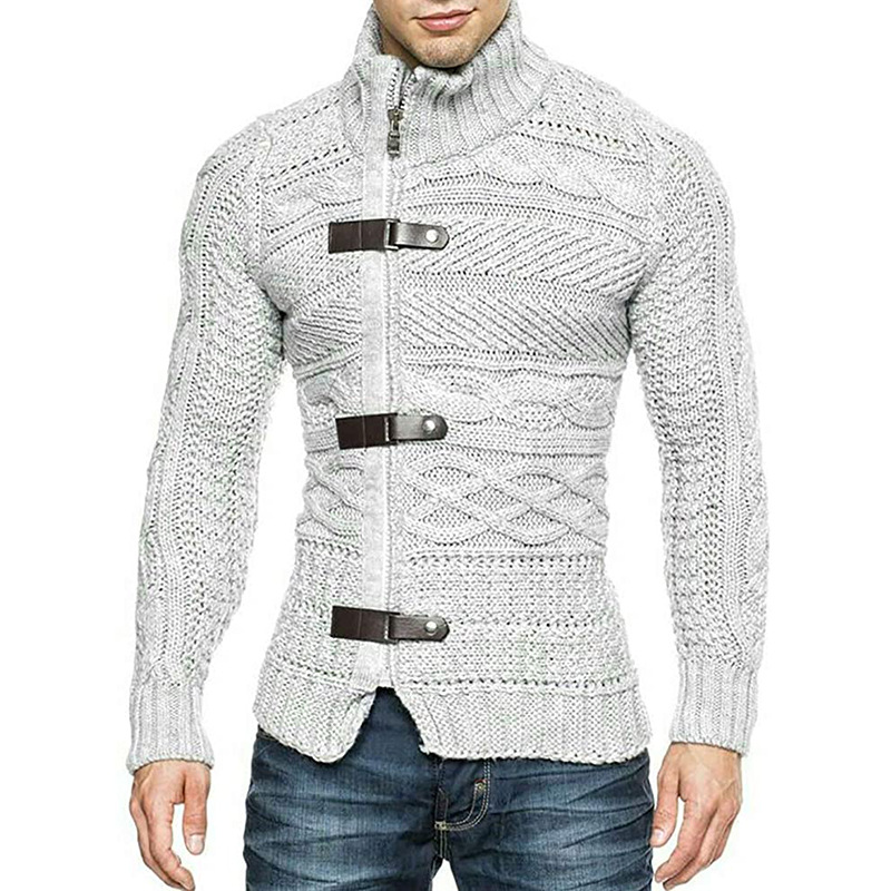 Turtleneck Sweater Men's Leather Button Long Sleeve Knitted Cardigan Jacket