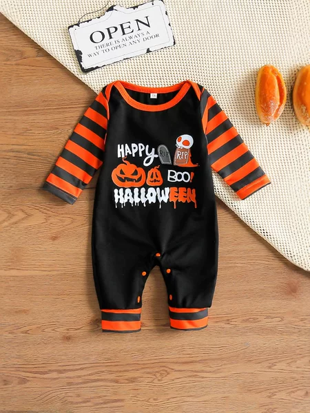 Cross-Border Children's Clothing Halloween Pumpkin Romper for Boys and Girls, Striped Long-Sleeve One-Piece Romper, Ins Style for Infants and Toddlers, Spring and Autumn Models