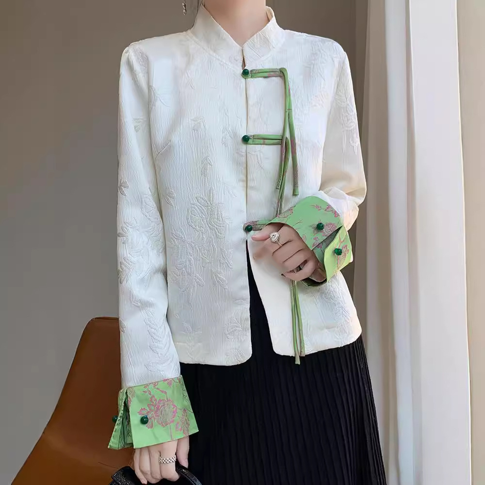 国风宋锦上衣复古秋装外套女款高级感旗袍领盘扣醋酸缎面中式外套