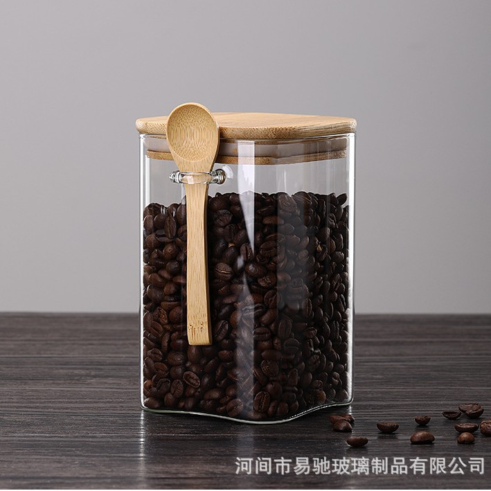 Tarro de almacenamiento cuadrado tapa de bambú sellado tarro de cocina granos dulces tarro de té tarro de almacenamiento de vidrio para el hogar