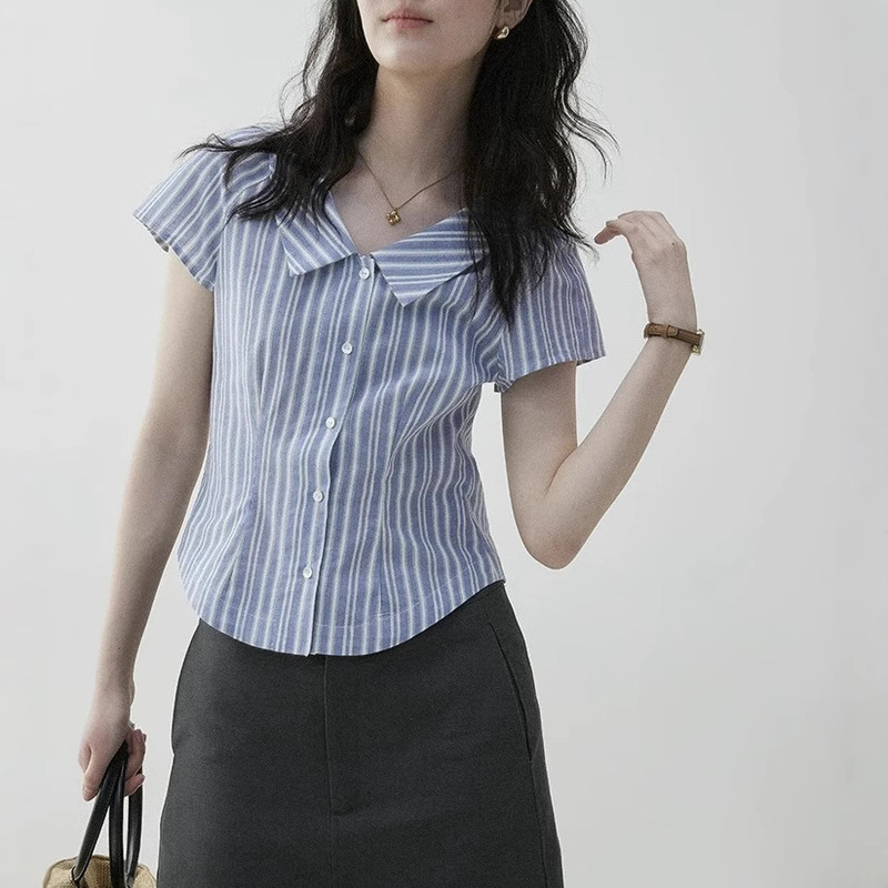 "Mustard Pie" French-Style Color-Block Striped Waist-Cinching Slimming Shirt for Women, New Summer Model with a Turn-Down Collar, Artistic Top