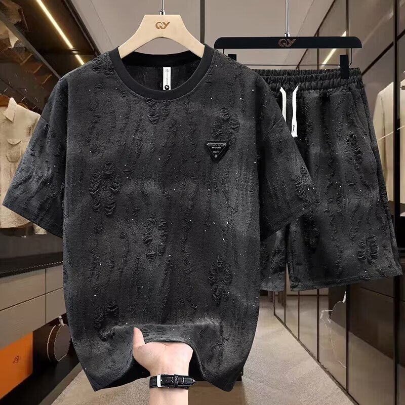 2026 New Summer Men's Casual Short-Sleeve Set Trendy Brand Ripped Round-Neck Short-Sleeve T-Shirt and Shorts Two-Piece Set for Men