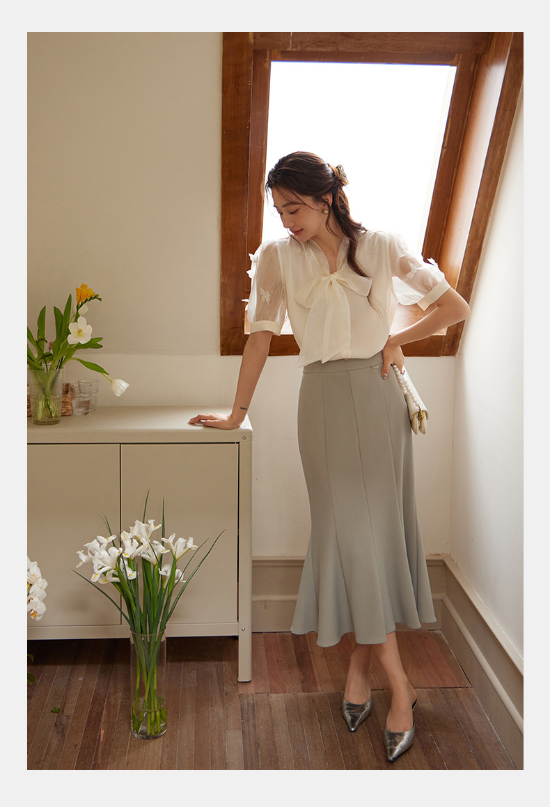 起范 夏款气质轻熟风蝴蝶结衬衫女短袖小众设计钉珠法式衬衣82302 pic 16