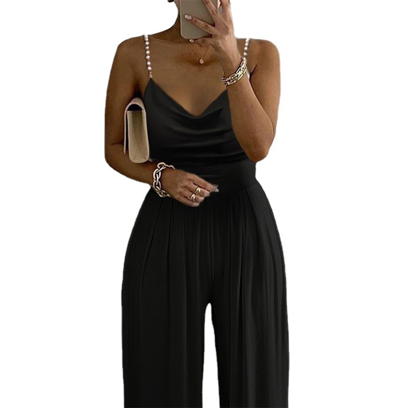 2021 Pearl Suspenders Wide Leg Sleeveless V-neck Backless Trousers Jumpsuit_desvips.com