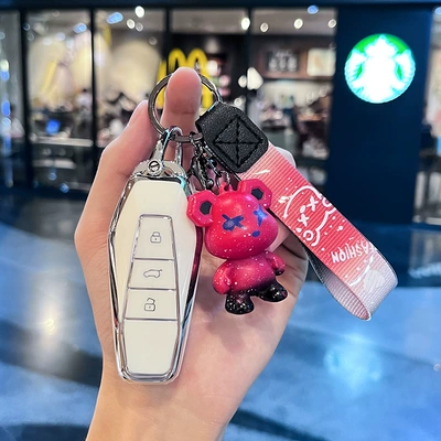 Xiangjia car key protective case – Car key bag - chery-model-i-smart-3-button-single-shell-white-red-violent-bear-pendant