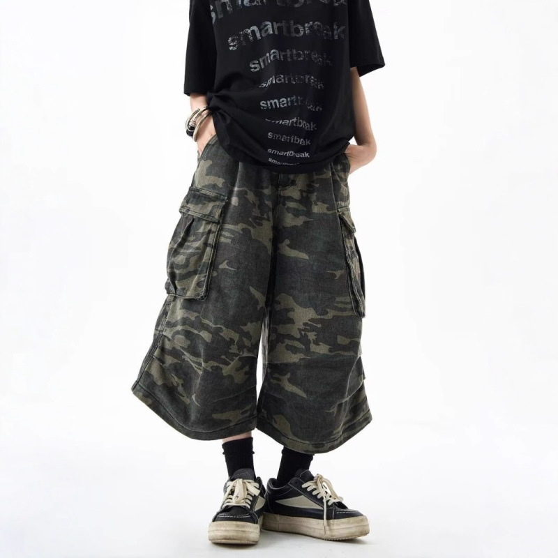 Trendy Summer American Retro Camouflage Cropped Pants Unisex Loose Casual Multi-Pocket Straight Cargo Jeans