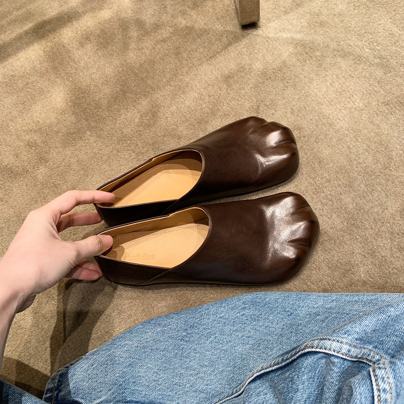 牛皮版~葡萄妈同款小众一脚蹬平底单鞋可踩跟猫爪乐福鞋女小皮鞋|undefined