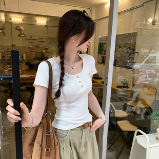 2025 Real Pat Figure Embroidery Shoulder Short-sleeved T-shirt Women's Summer New Explosions American Spice Girls Slim Beautiful Small