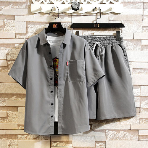 Summer Solid Color Short Sleeve Set Five-Button Shirt and Shorts for Men Plus Size Two-Piece Set/Leg 22 Shorts 20/TP42