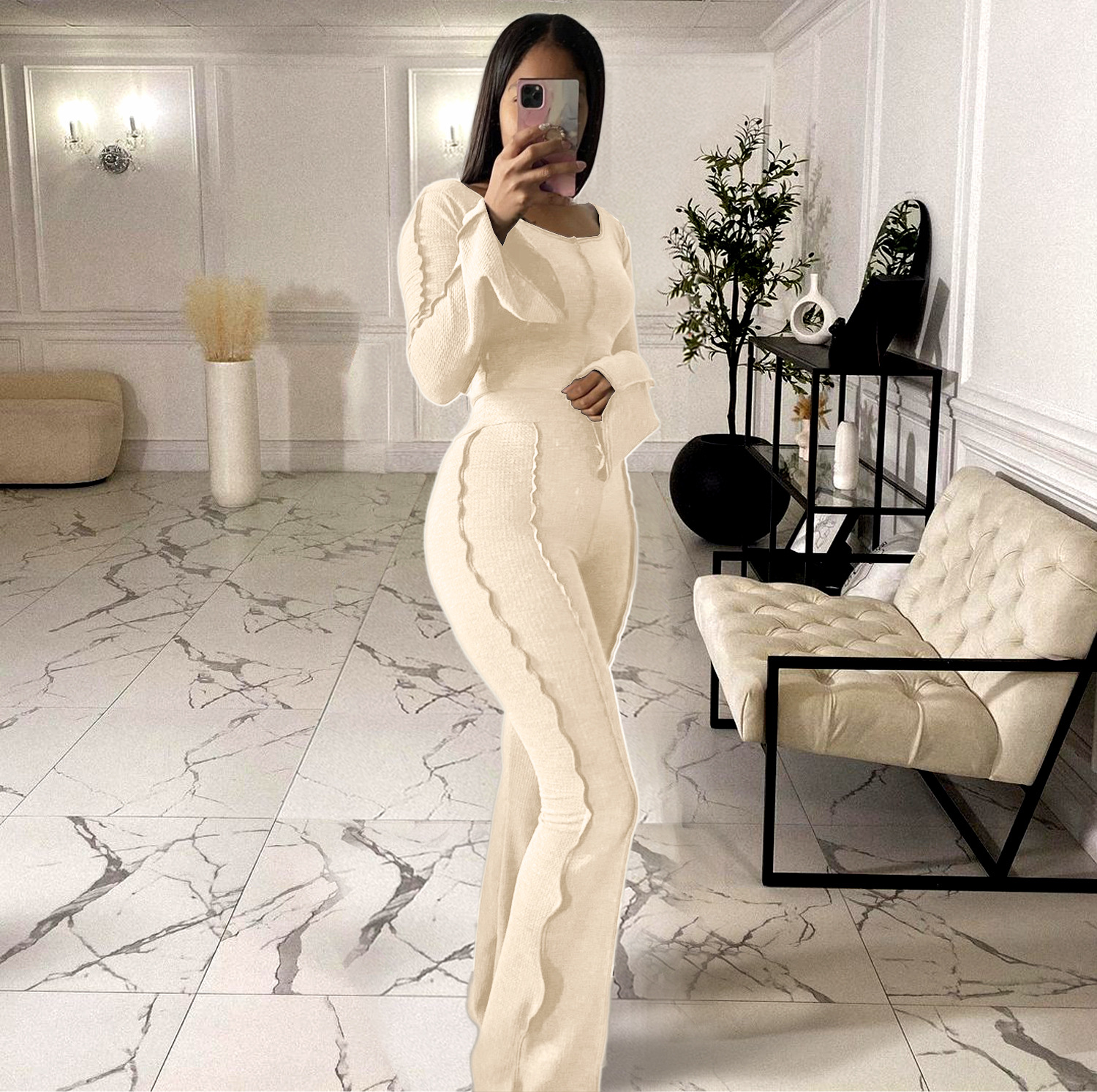 solid color long sleeve slim top and high waist flared pants two-piece suit NSFH130914