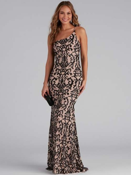 Transfronterizo europeo y americano nuevo elegante lentejuelas sexy oblicuo collar vestido banquete vestido de noche vestido largo
