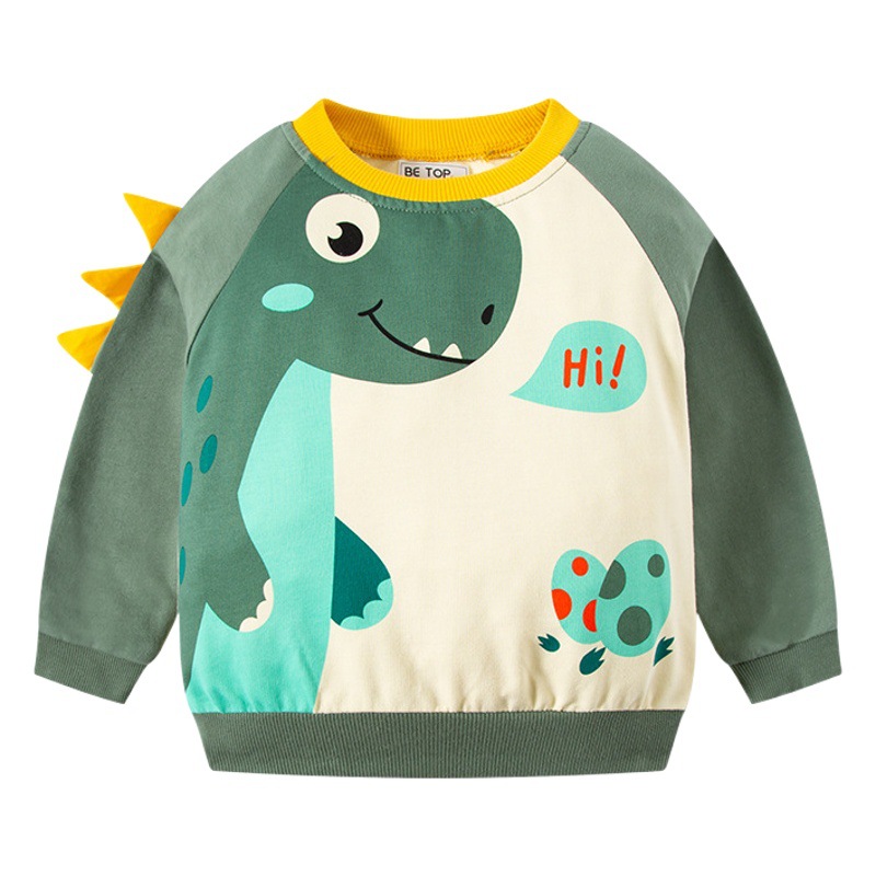 Ser la mejor ropa para niños 2024 Primavera y otoño nuevos niños de dibujos animados dinosaurio suéter de manga larga contraste color cuello redondo moda