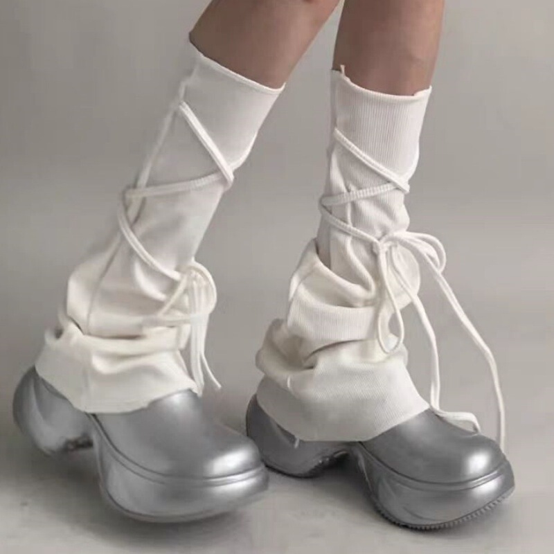 Knitted thread strap leg cover y2k gray strap socks women's jk calf socks horn lace-up socks for women