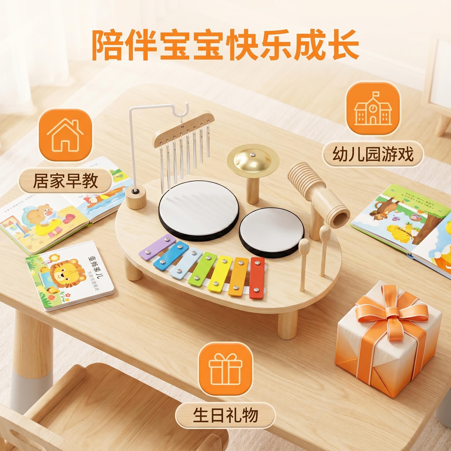 Estación de música multifuncional de madera para niños pequeños, batería de educación temprana para bebés, combinación de música Montessori, juguete de iluminación de percusión