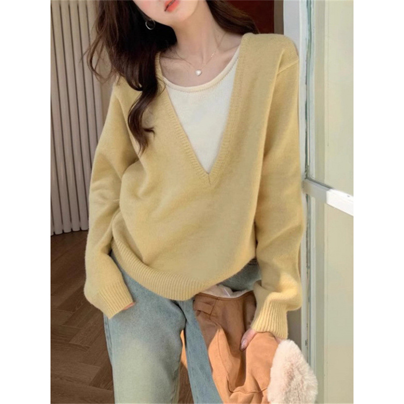 Coreana de color de cuello v falso dos piezas de jersey de punto para mujeres otoño y invierno nuevo diseño interior con suéter delgado para mujeres