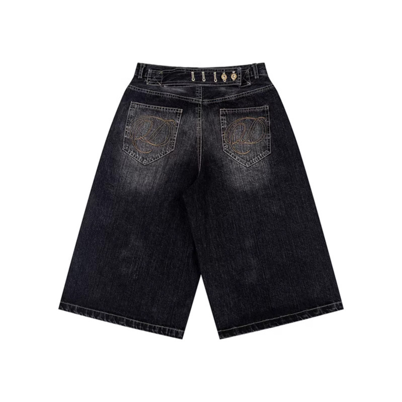 Unisex Vintage Paris Buckle Denim Capri Pants With Bamboo-Joint Wash, Relaxed Fit Over-Knee Shorts For Summer_mkmklike.com