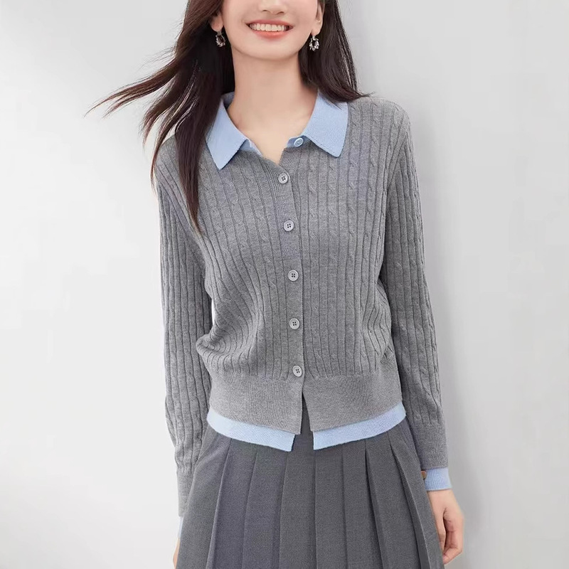 Longvins Pit Striped Knitted Cardigan Women's 2024 Autumn New Simple Commuting Fake Two-Piece Stitching Top